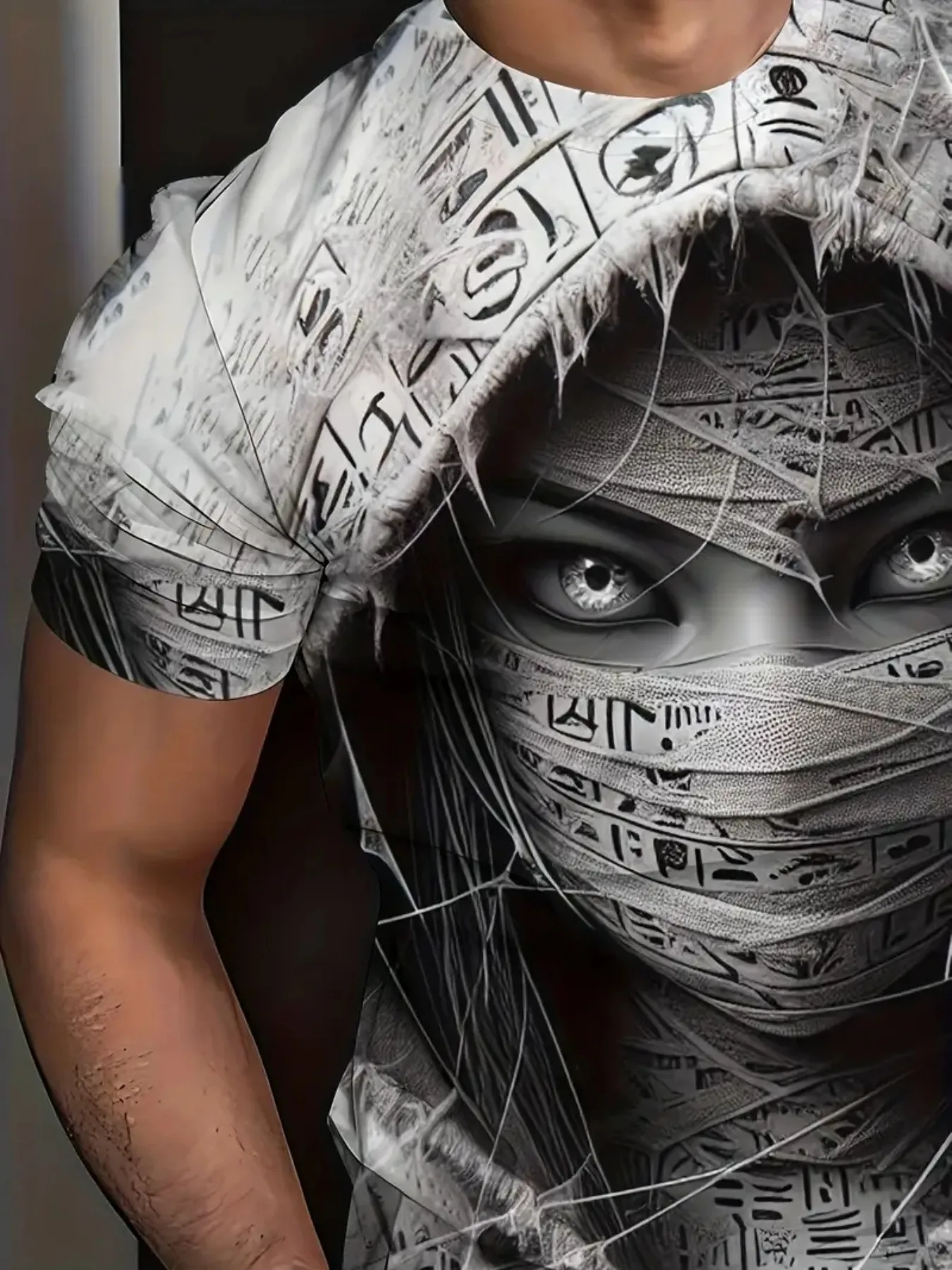 تي شيرت رجالي مطبوع عليه وجه المومياء المصرية تي شيرت رياضي للجري في صالة الألعاب الرياضية ملابس كاجوال عادية بأكمام قصيرة قميص كبير الحجم