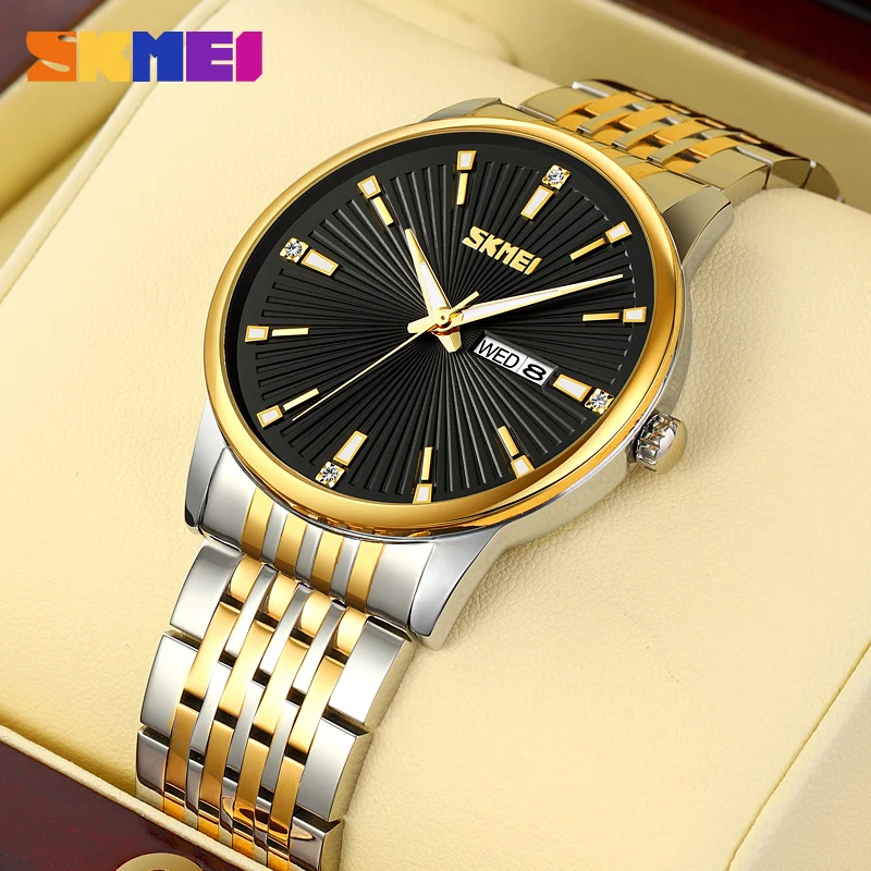 

SKMEI Stainless Steel Quartz Watch Business Men's Watches Simple Dial Calendar Week Top Brand Man Wristwatch 2023 for Gift