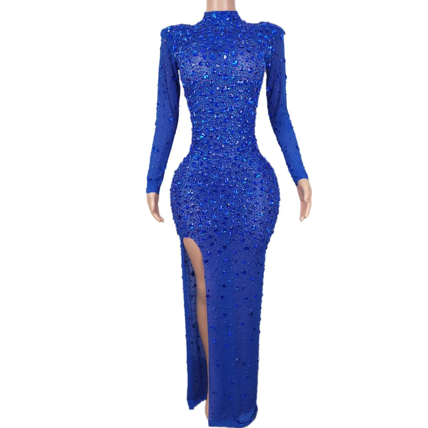 Fashion Party Prom Cocktail Dress Bling Bling Rhinestone Sequin Sexy Women High Slit Long Dress Lady Bodycon Wedding Guest Gown