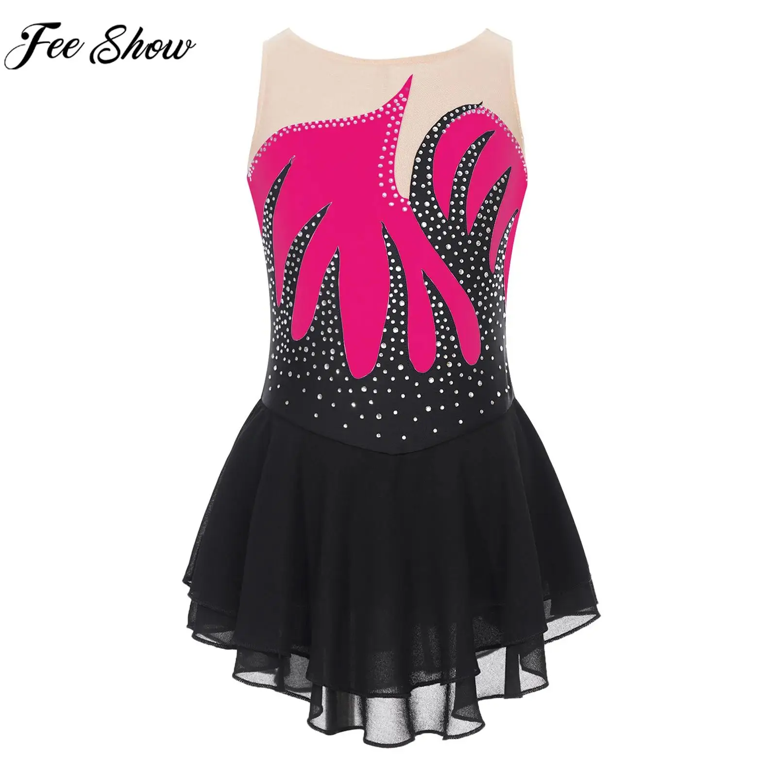 

Children Girls Figure Skating Dress Shiny Rhinestone Mesh Lyrical Dance Ballet Rhythmic Gymnastics Stage Performance Dancewear