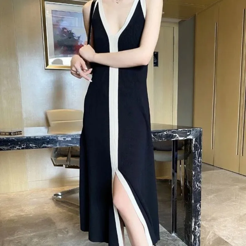 Cami Dress Women Midi Off Shoulder Panelled V-neck Slit Summer New Korean-style Temperament Gentle Casual Simple Office Ladies