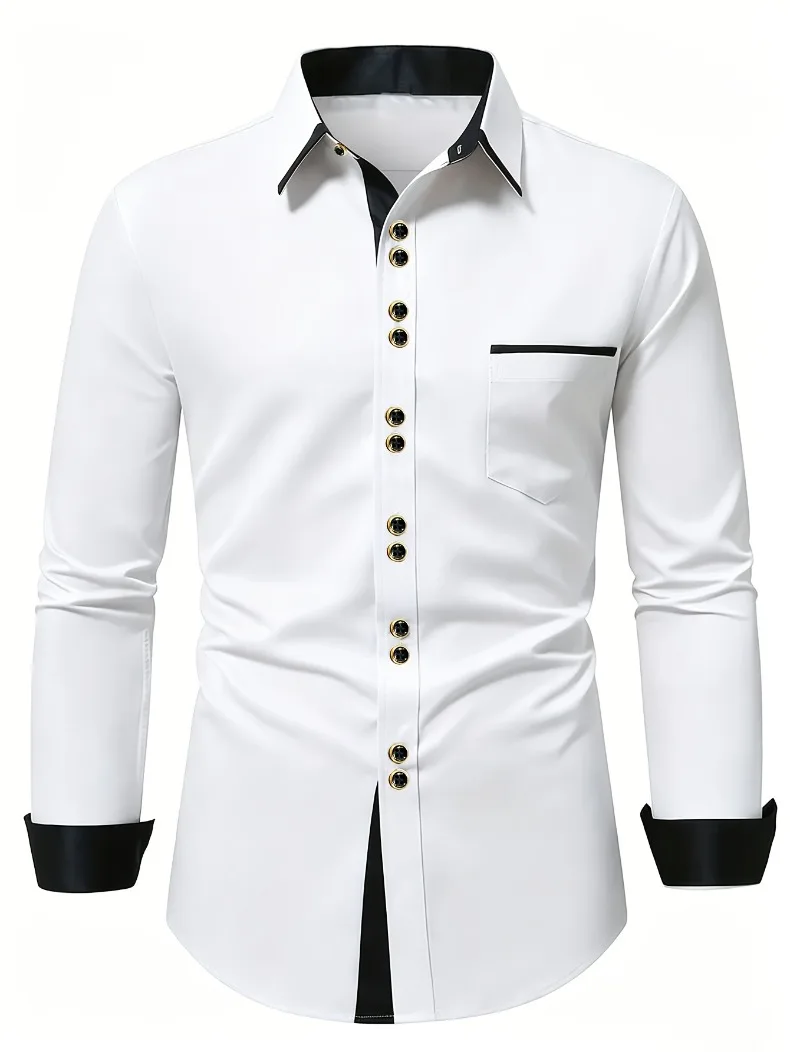 FGKKS Herrenhemd Brandneues Herren-Modehemd in Mehrfarbigem Patchwork-Design mit Langen Ärmeln und Elastischem Bund Smart Casual Männerhemd in Weiß – Detail 11
