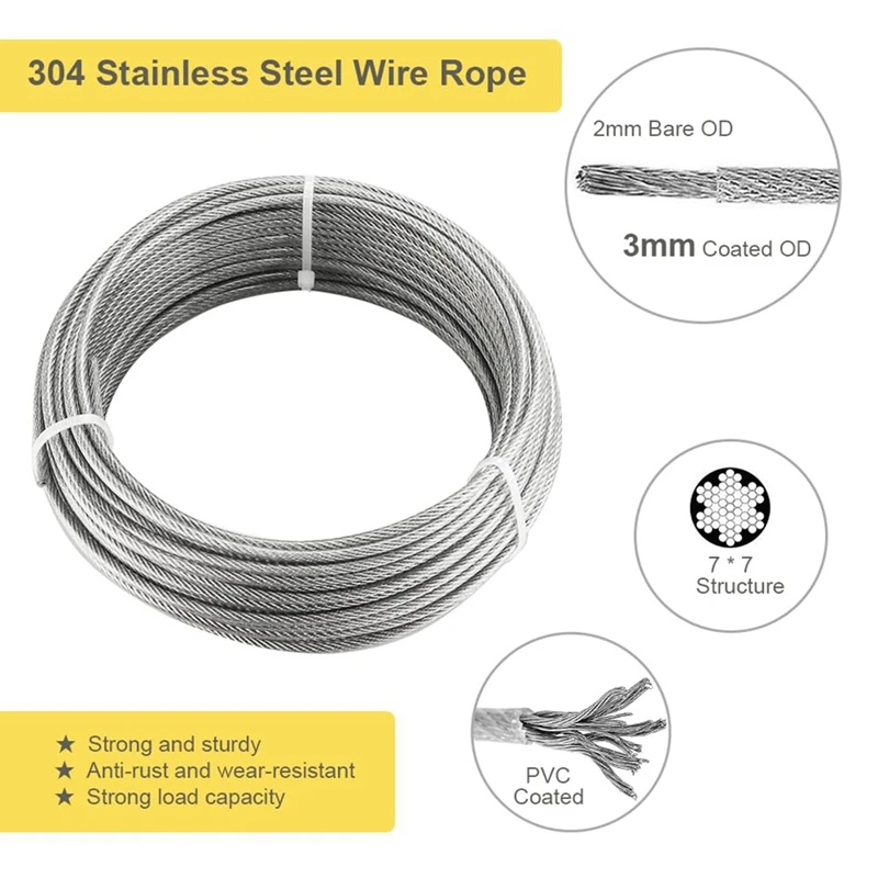 20M Stainless Steel Kit, 3MM Sorting Helps Tighten Rope Wear With M5 Stainless Steel Rope Clamp R Easy To Use