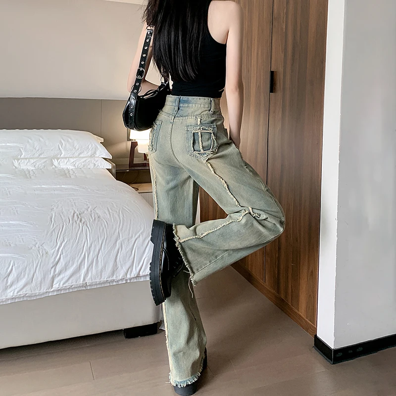 Raw Edge Letter Embroidered Y2k Baggy Jeans Women Korean Autumn Winter Women's High Waist Vintage Straight Wide Leg Denim Pants