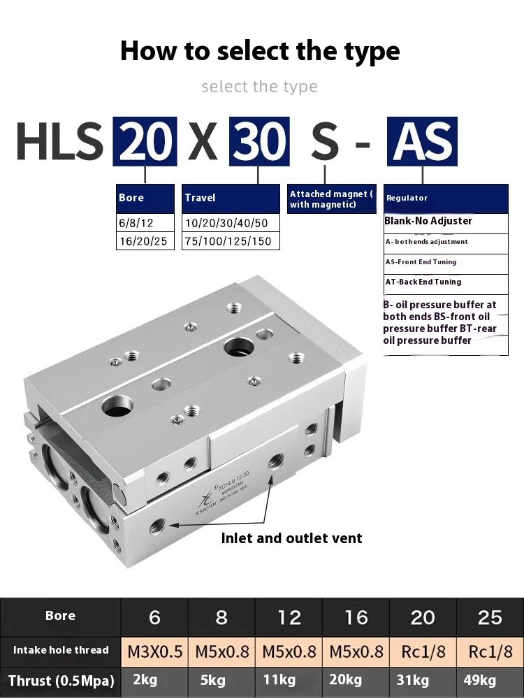 Xingchen Pneumatic Slide Cylinder MXS/HLS12/8/6/20/25/16-30 -10 * 40X50-75S