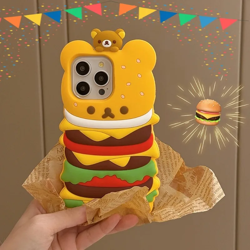 

Cartoon 3D Fun Burger Easy Bear Phone Case Suitable for iPhone 13 14 15 16 ProMax Silicone Anti Drop Protective Cover