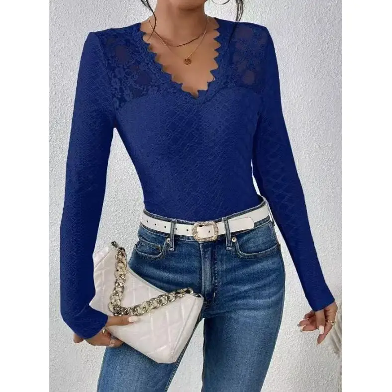 เสื้อยืดแขนยาวผู้หญิง ผ้าลูกไม้ ดีไซน์ต่อผ้า สีพื้น ทรงเข้ารูป ผ้าโพลีเอสเตอร์ เหมาะสำหรับใส่ทำงาน แฟชั่นฤดูใบไม้ผลิ