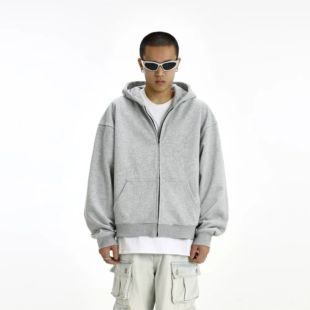 テスコ ライトグレー オーバーサイズ ジップアップ パーカー - コットンブレンド、男女兼用カジュアルデイリーウェア