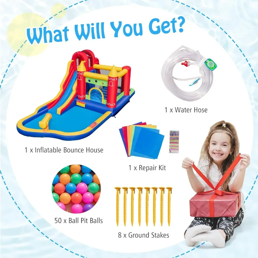 팽창식 워터 슬라이드, 9 in 1 워터슬라이드 바운스 하우스 워터파크 (스플래시 풀, 롱 슬라이드, 볼풀(볼 50개 포함))