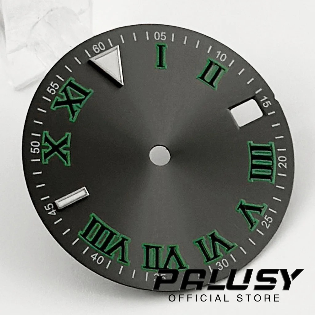 28.5mm Roman Numeral Watch Dial Green Luminous For NH35 4R35 Movement Replacement Parts Fit 3 O'clock 3.8 O'clock Case Crown