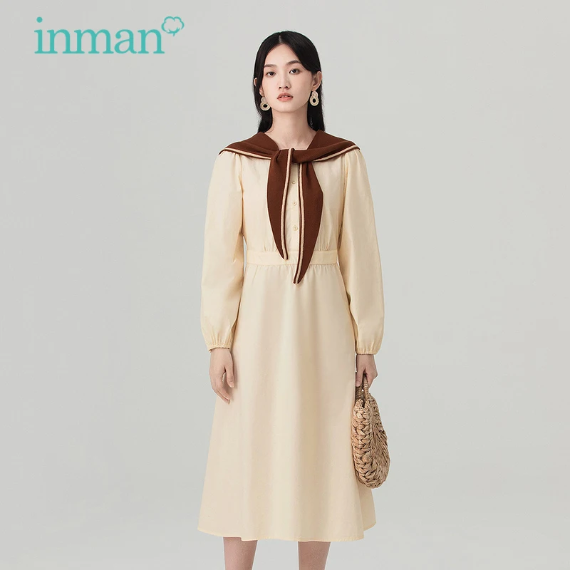 

INMAN Spring Autumn Women's Dress Spring DressKawaii Casual Sweet Style Doll Collar Lace-up Long Sleeve Pure Cotton Female Dress