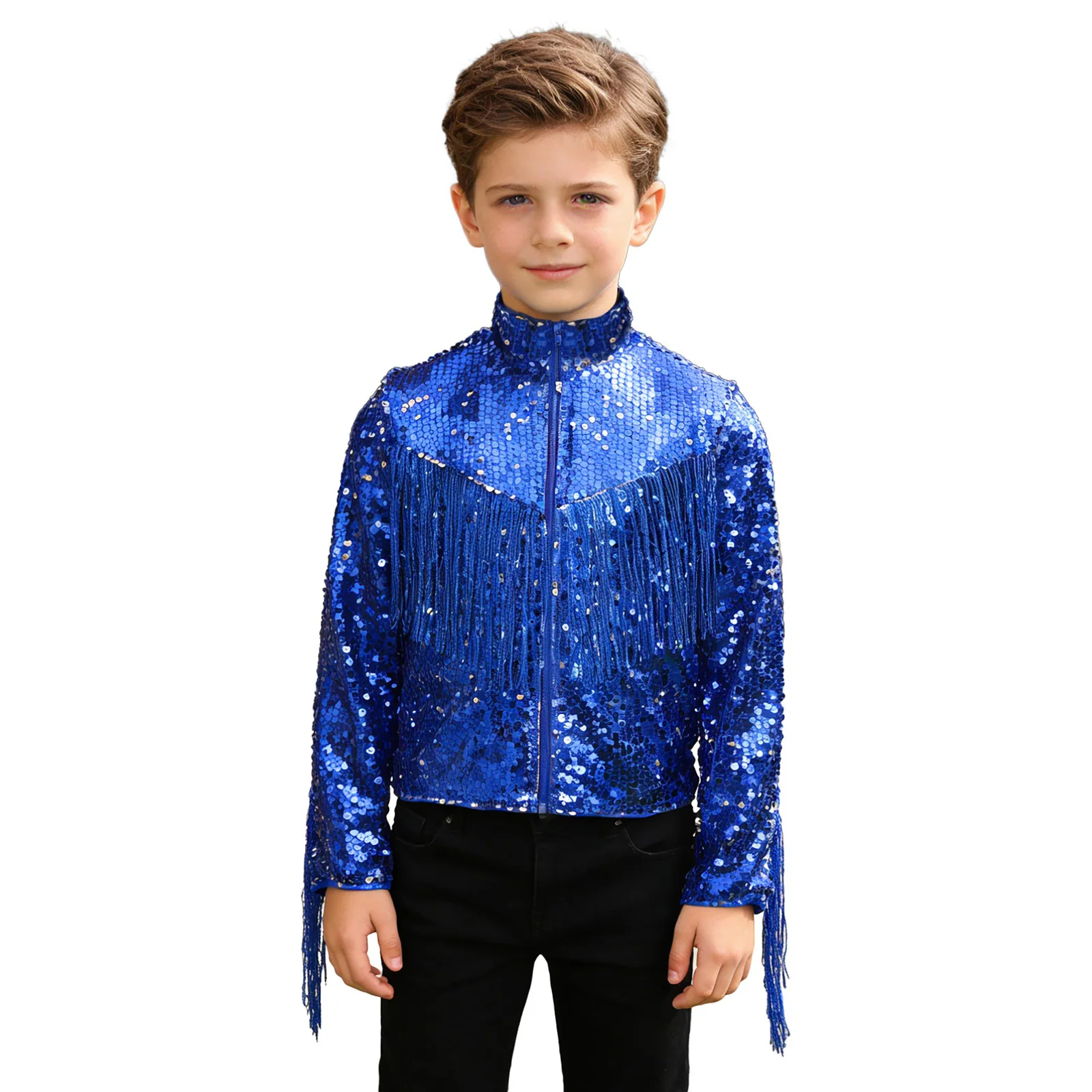 Kids Girls Jazz Dance Performance Sequins Long Sleeve Jacket Sparkly Sequined Front Zipper Fringed Coat Cowboy Party Costume