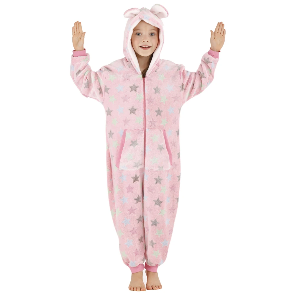 Winter Kid's Hooded Onesie Cosplay Costume Flannel Pajama One Piece Girl Flannel Pyjama Sleep Suit