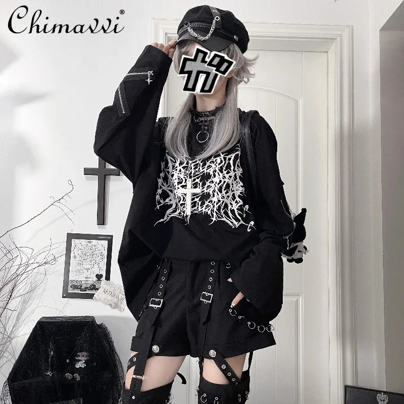 الأصلي طباعة ثقافة فرعية داكنة فضفاضة طويلة الأكمام القطن الخالص تي شيرت اليابانية الشرير القوطية طويلة الأكمام جولة الرقبة فتاة باردة