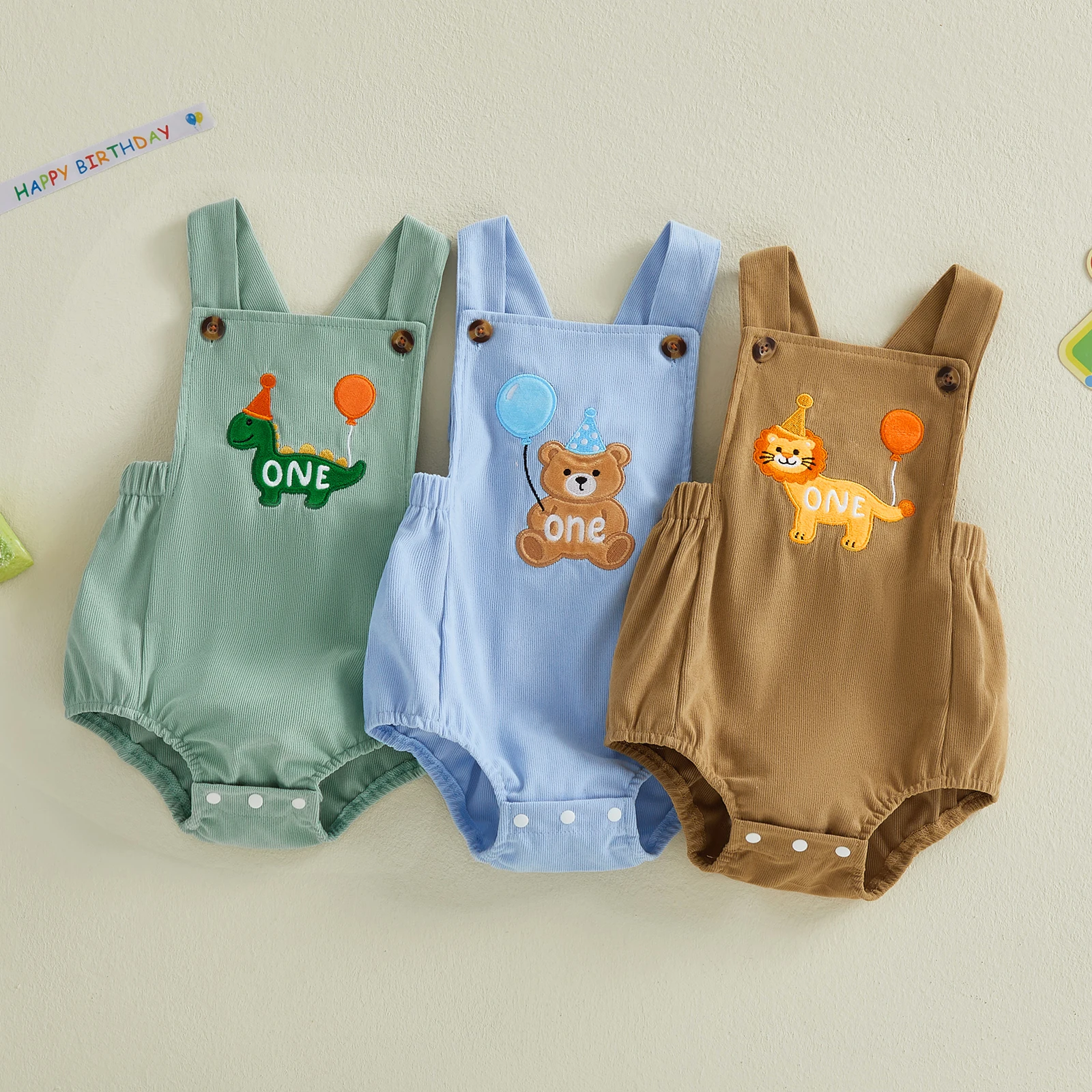 Baby Boy Birthday Romper Sleeveless Square Neck Animal Balloon Embroidery Bodysuit Newborn Overalls 6M-18M