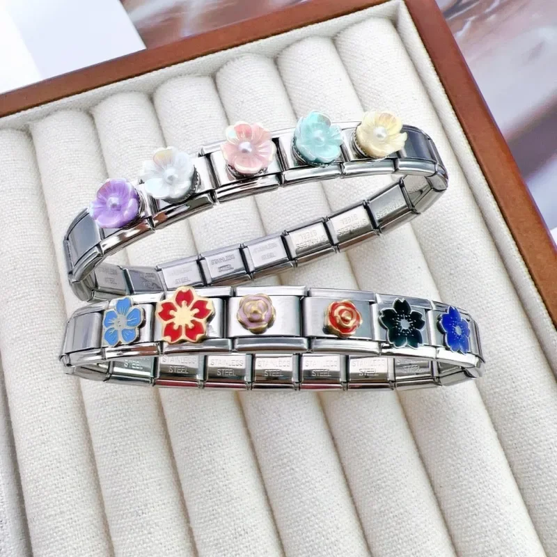 2024 신상 여성용 화려한 꽃무늬 탄성 이탈리아 참 링크 9mm 스테인리스 스틸 모듈식 팔찌 제작용 쥬얼리