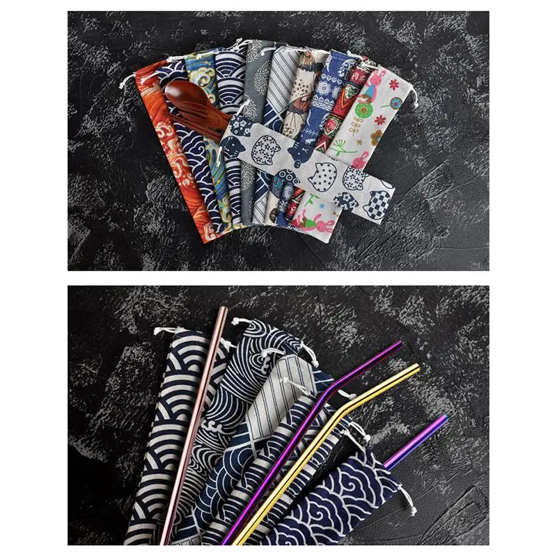 New 4pcs Portable Utensil Pouch Japanese Drawstring Bag For Straw Spoon Chopstick Travel Cutlery Organizer Lightweight
