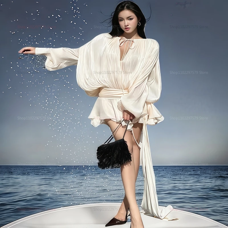 فستان نسائي قصير أنيق ومريح للاستخدام اليومي ومثير من الدانتيل ورقبة على شكل حرف V وأكمام طويلة من الدانتيل والشيفون اللطيف للحفلات