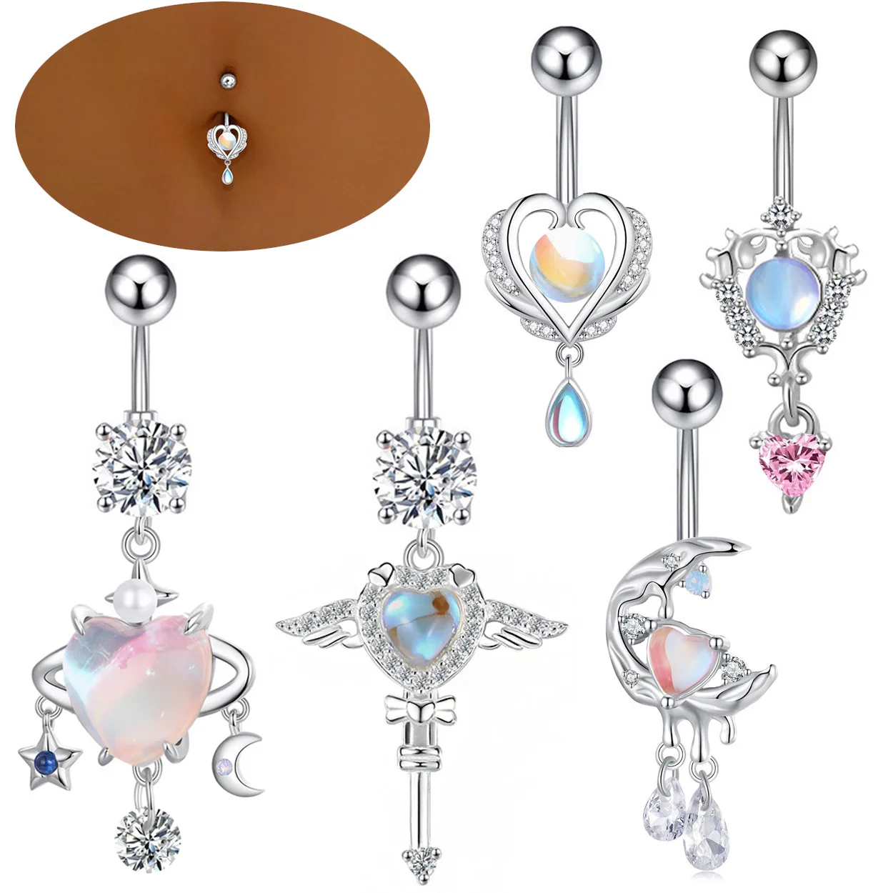 

2025 New Copper Pink Heart Belly Button Ring 14G Zircon Dangle Belly Button Piercing Ring for Women Sexy Body Jewelry Ombligo