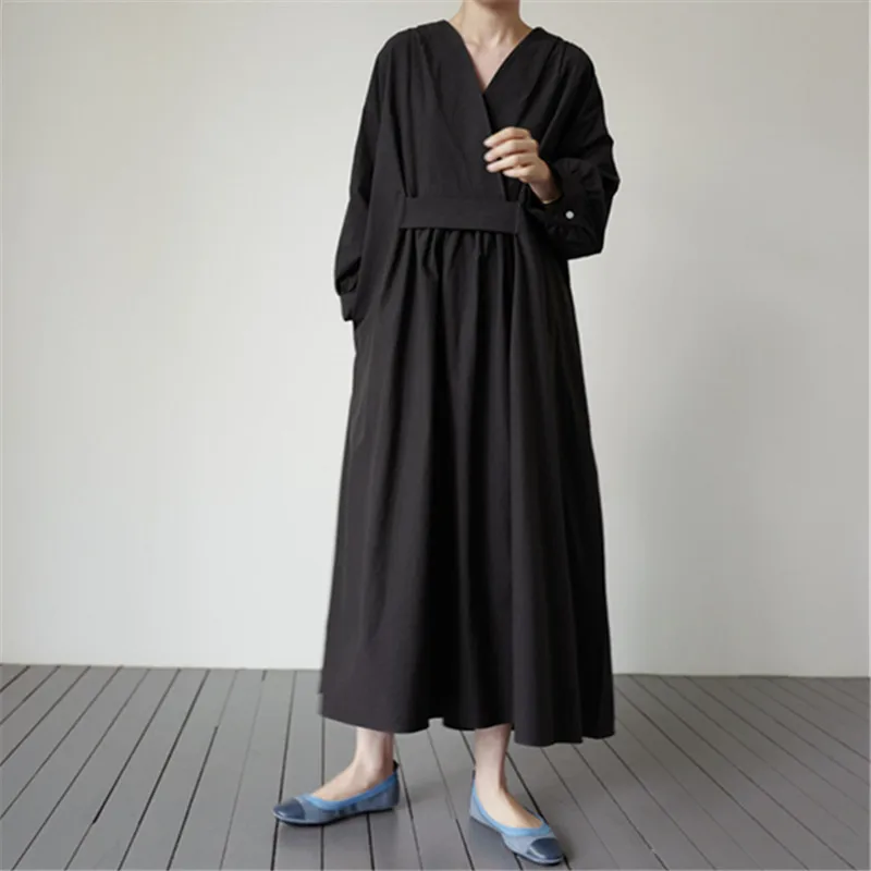 Tannt Women Dress V-neck Long Sleeves Loose Long Summer Dresses Khaki Black Vintage Long Summer Dresses For Women 2023 New