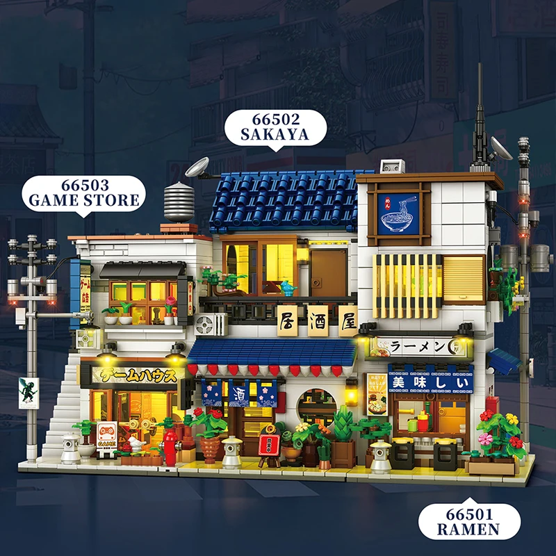 Japanischen Stil Street View Ramen Shop Bausteine Japan Arcade Izakaya Modulare Gebäude Ziegel Spielzeug für Erwachsene Kinder Geschenke