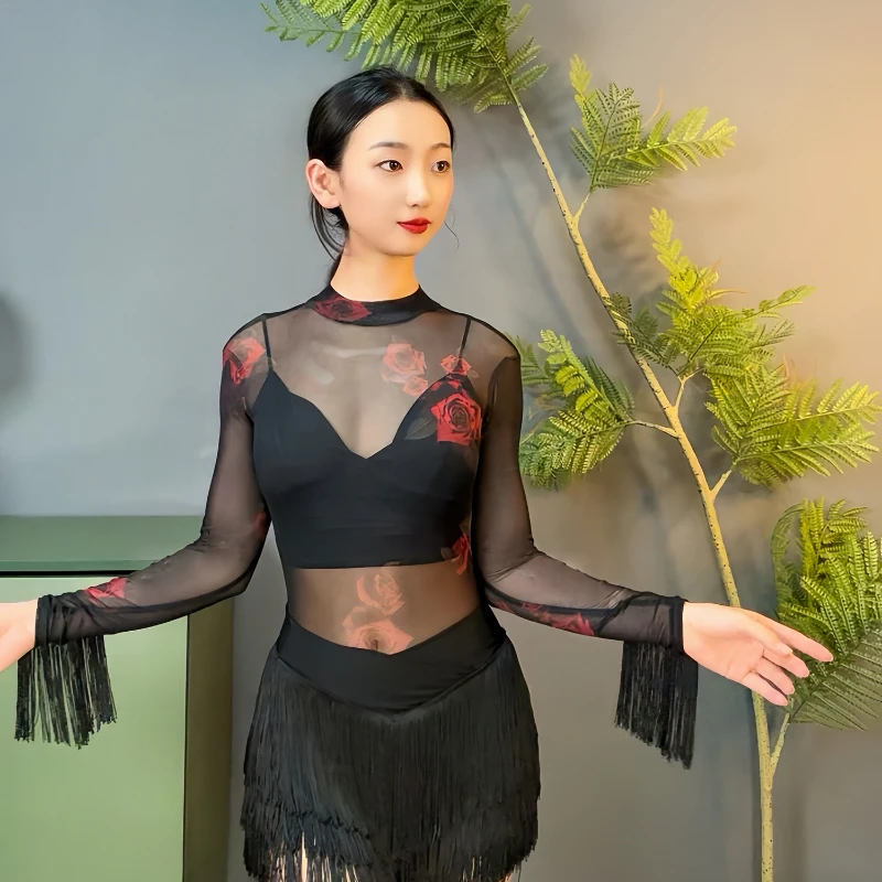 

Новый сексуальный костюм для современного танца для латинских танцев для женщин - удобная танцевальная одежда с сетчатой бахромой - облегающая цельная одежда