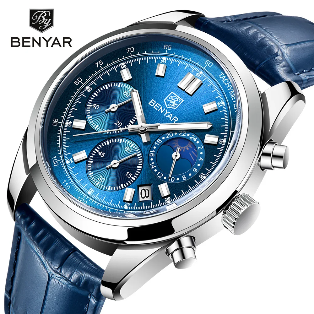 

BENYAR 5193 Men's Multi Functional Moonlight Night Glow Date Fashion Fashion Leather Strap Luxury Top Quartz Watch for Men