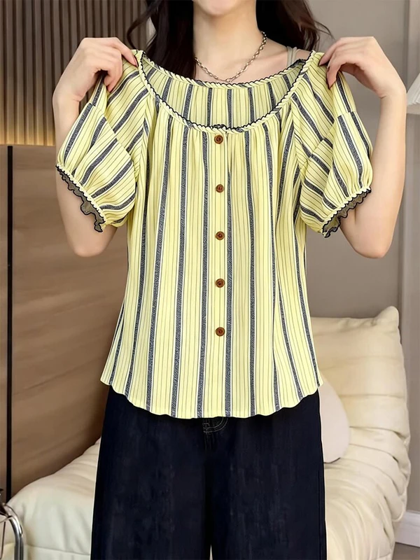 

Summer 2026 Women's Loose Fit Striped Bubble Sleeve Shirt Korean Style Sweet Casual Button up Top plus Size Fashion Wear