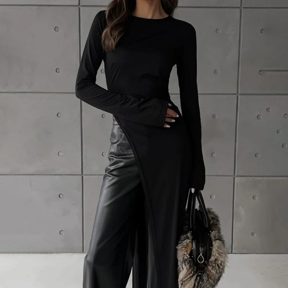 TWOTWINSTYLE Solid Slimming Split Sexy Dresses for Women Round Neck Long Sleeves Irregular Temperament Dress Female Clothing New