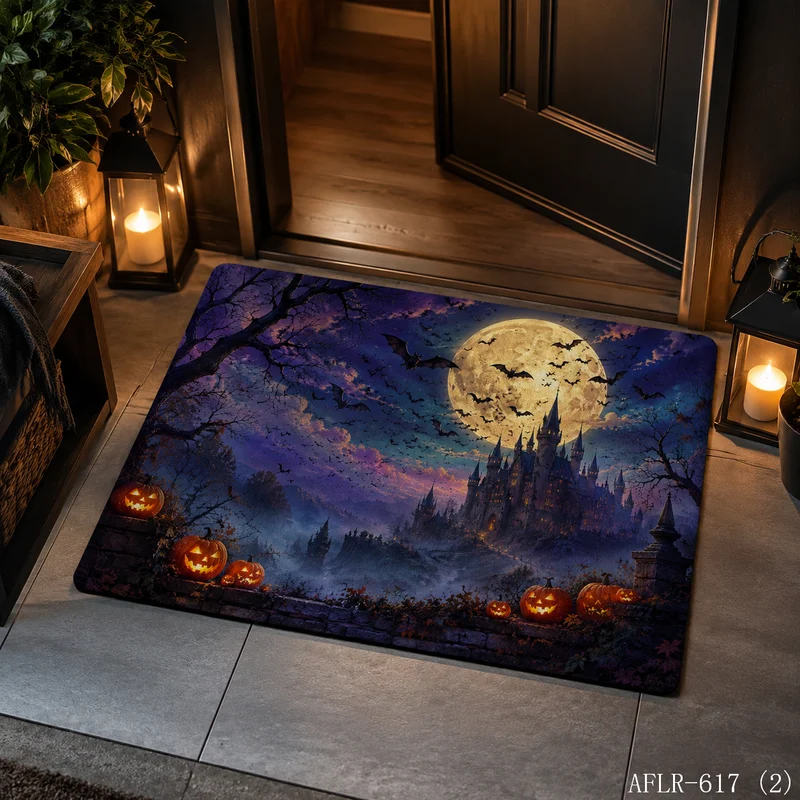 VIKAMA Pumpkin Haunted Castle Halloween Doormat Non Slip Indoor Outdoor Rug Spooky Full Moon Bat Front Entrance Decor Mat Rug