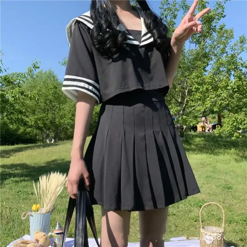 Meisjes Cosplay Japanse Black Crop Student Koreaanse Geplooide Schoolkostuums Top Pak Wit Uniform Matroos Versie