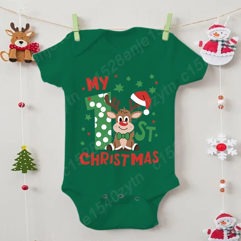 Baby Boys And Girls Bodysuit, My 1st Christmas Reindeer Letter Graphic Jumpsuit, Casual Fashion Crew Neck Romper Infant Bodysuit