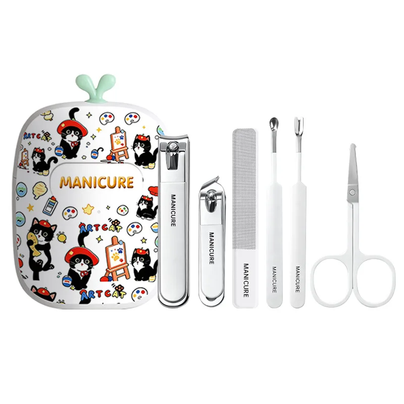1Box 6Pcs Cute Pattern Manicure Pedicure Kit Nail Clippers Set Nail Care Tools Scissor Ear Spoon Portable Box Gift For Women Kid