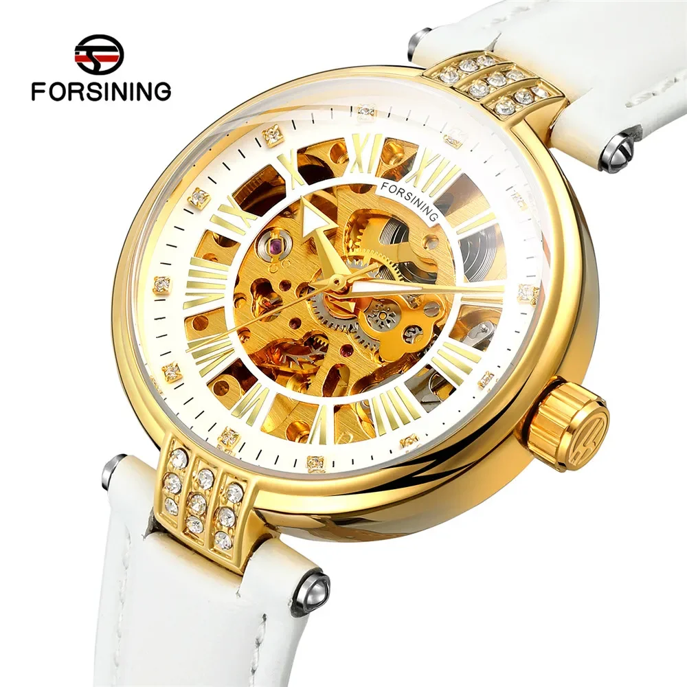 Forsining White Skeleton Automatic Mechanical Women Watch Luxury Brand Lady Wrist Watch Fashion Leather Strap Clock Reloj Mujer