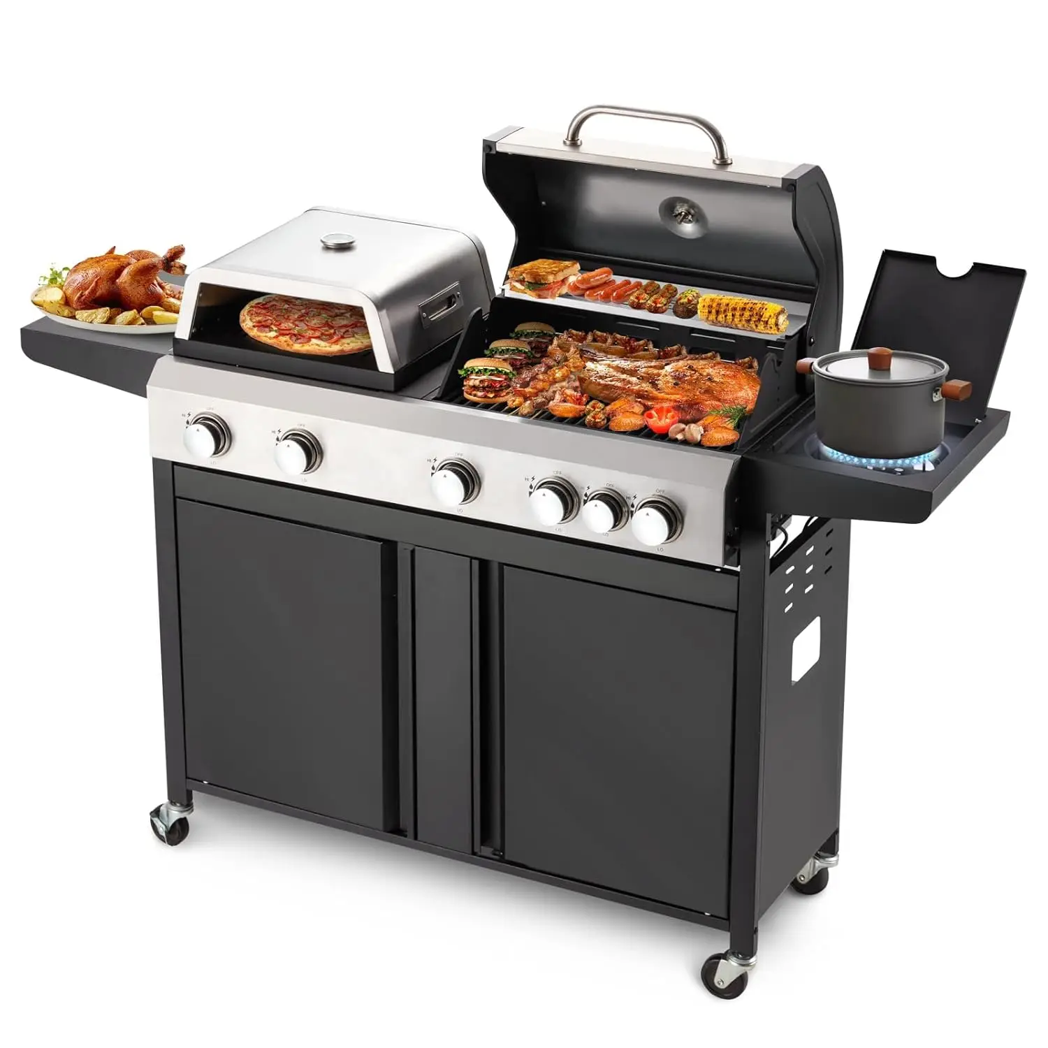 

3 IN 1 Pizza Griddle Grill Combo, 74,000 BTU 5-Burner Stainless Steel Propane Gas Grill with Side Burner, Porcelain, Customized
