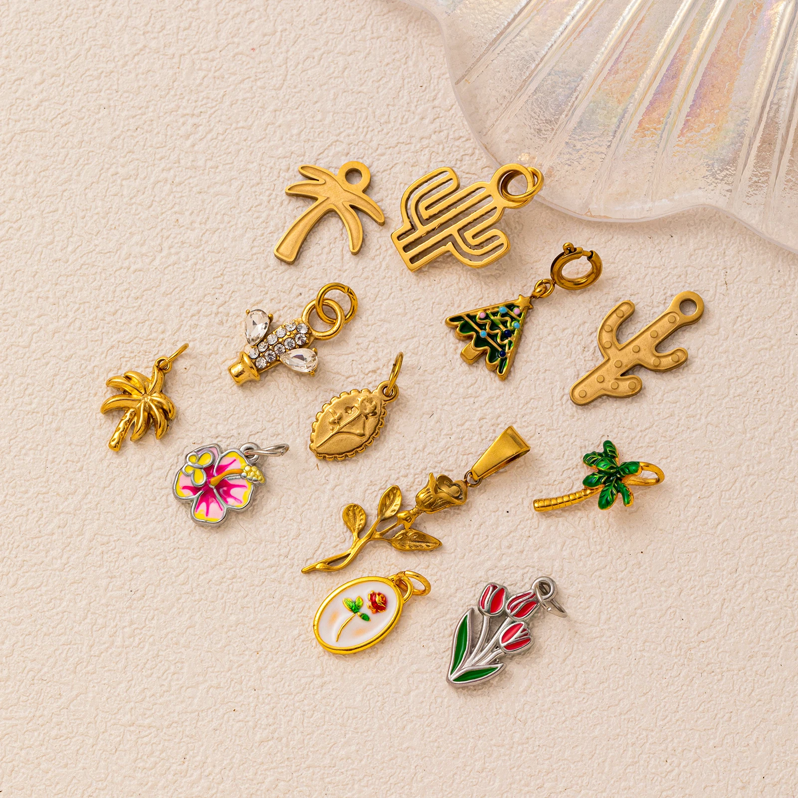 

18K gold-plated stainless steel pendant for DIY jewelry making, Bohemian cactus palm tree Christmas necklace bracelet supplies