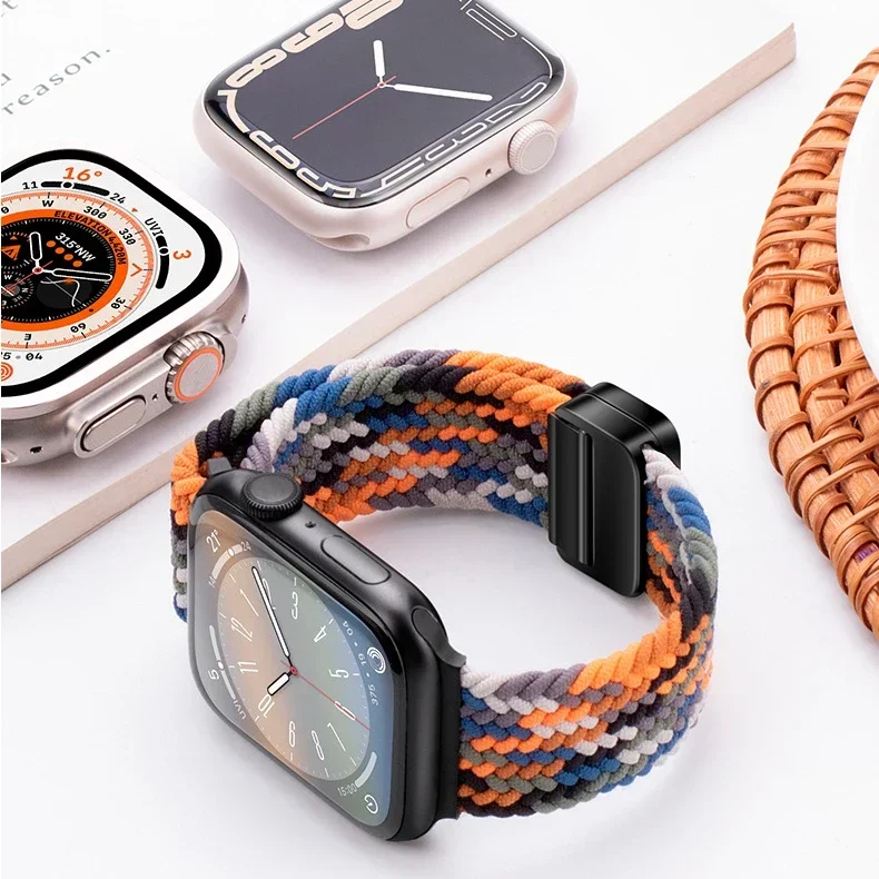 Nylon Braided Loop Strap for Apple Watch Ultra2 49mm 10 9 8 7 46mm 45mm 41mm Metal Magnetic Bracelet for 6 5 4 SE 44mm 40mm Band