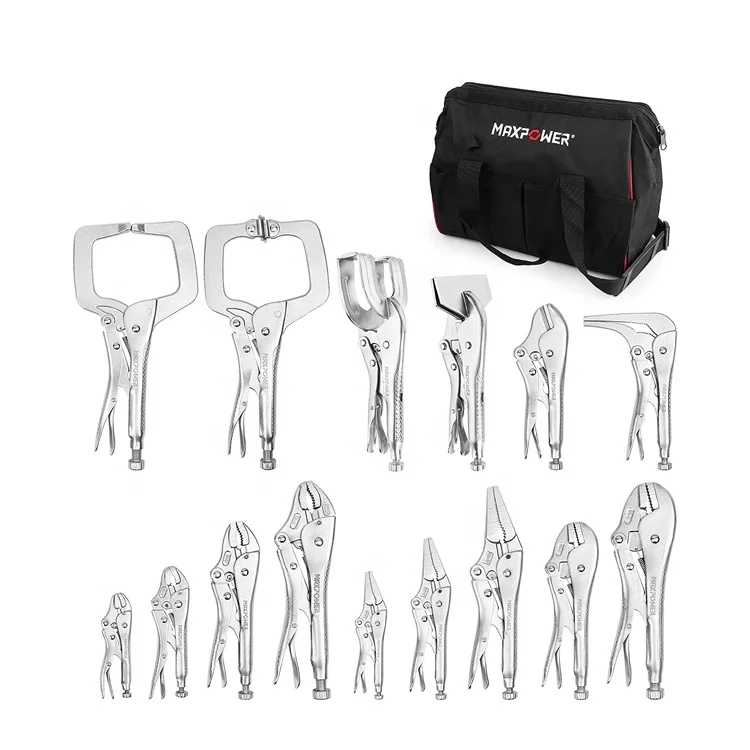 

Maxpower Woodwork 15pcs locking pliers set vice grip C clamps tool set with Tool Bag