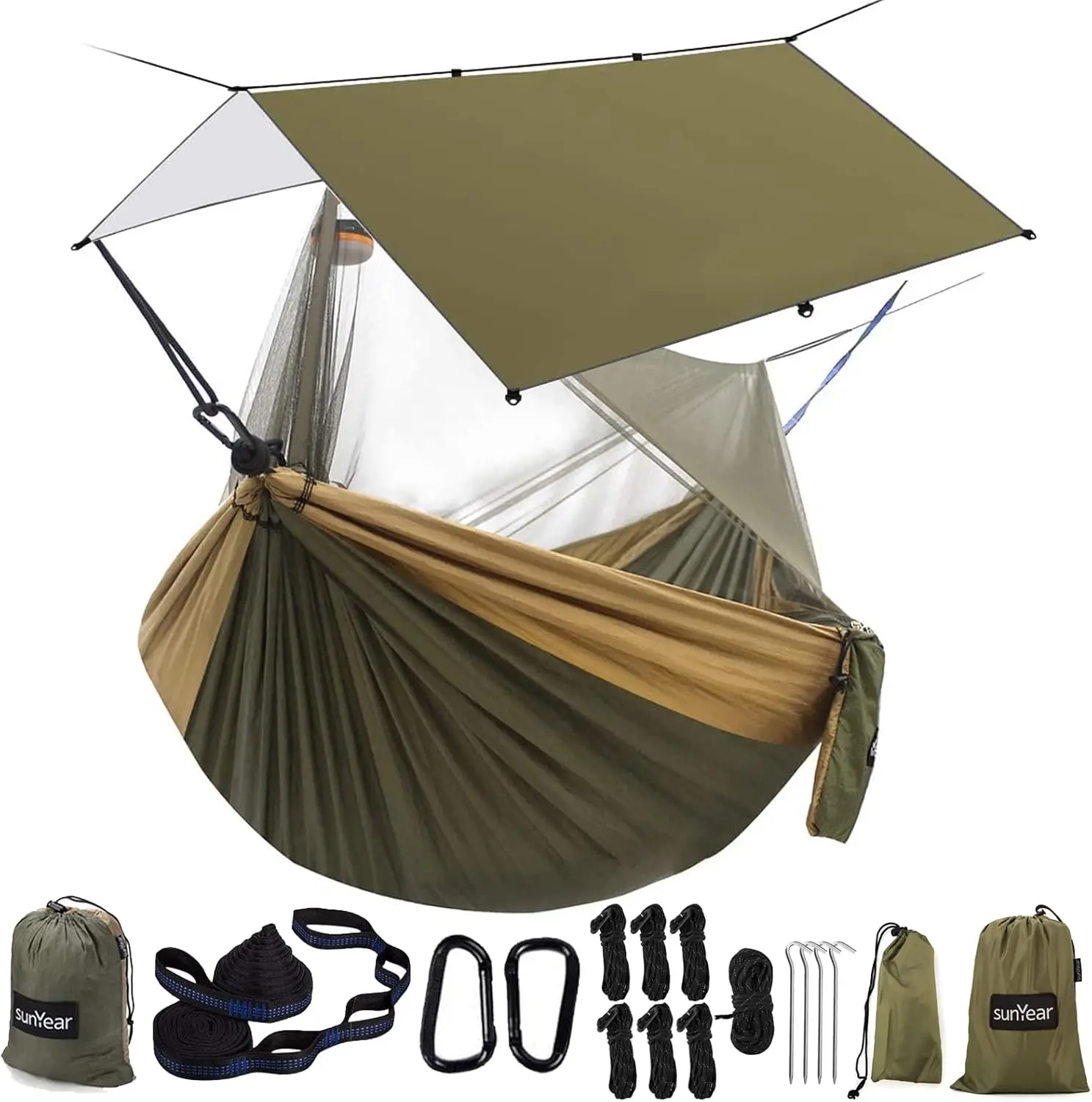 

Portable Camping Hammock with Rain Fly & Net, 500lb Capacity Waterproof Outdoor Gear for Backpacking Travel