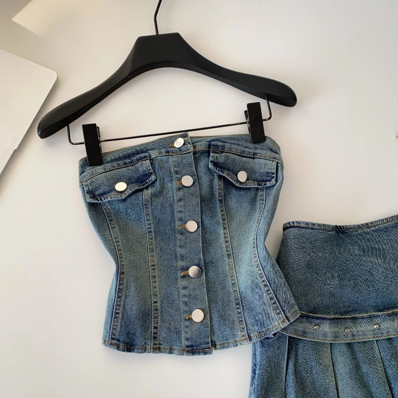 Western retro denim style strapless vest+pleated short skirt two-piece set women's summer slim fit age reducing sexy set