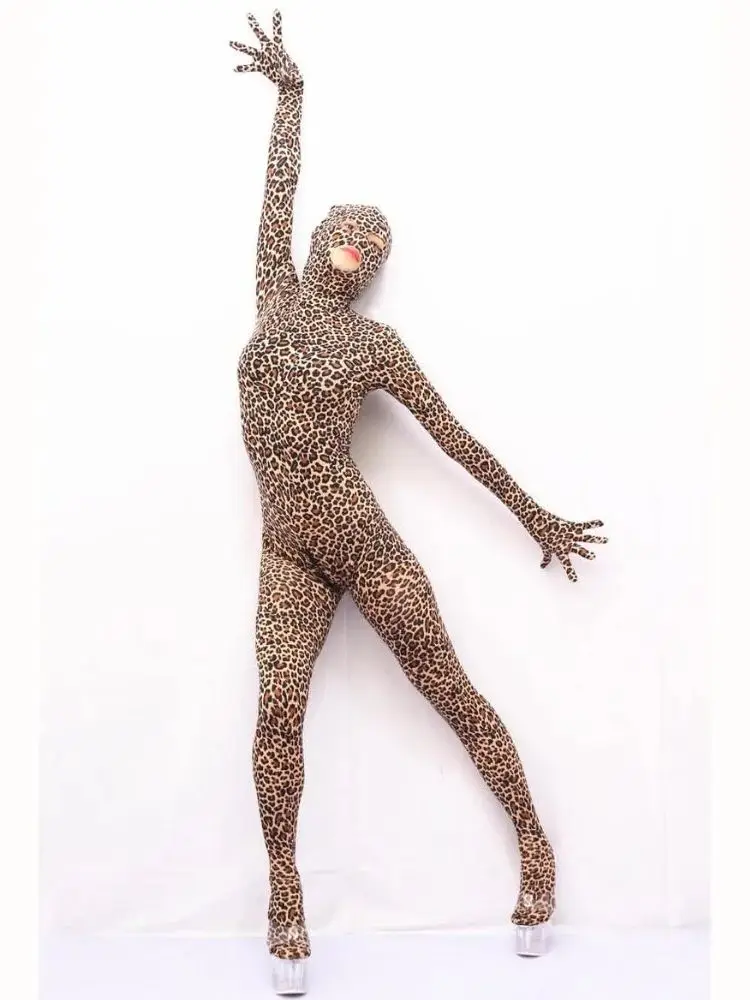 Leopard Prints Full Coat Zentai Catsuit Separated Fingers Bodystocking Zipper Open Crotch Bodysuit Tights Leotard Conjoined Body