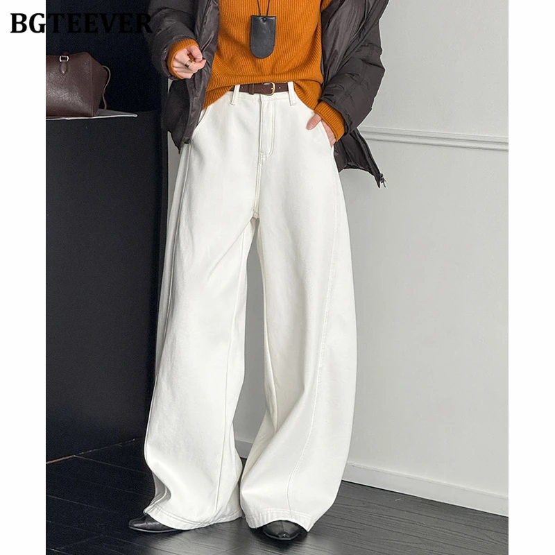 BGTEEVER Casual Thicken Velvet Warm Loose Straight Jeans Trouser for Women Winter High Waist Pockets Female Wide Leg Denim Pants