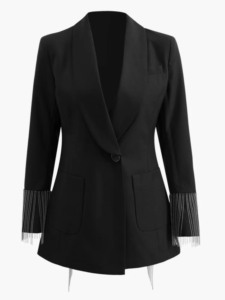 Hollow Back Beading Tassel Split Blazer For Women Notched Long Sleeves Stitching Loose Chic Suit Fashion Coat  G263