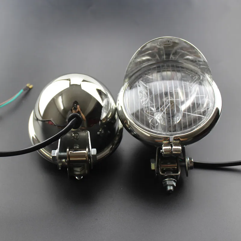 Pair Universal Chrome 12V Motorcycle Front Spot Light Headlight Fog Driving Lamp For Cafe Racer Old School