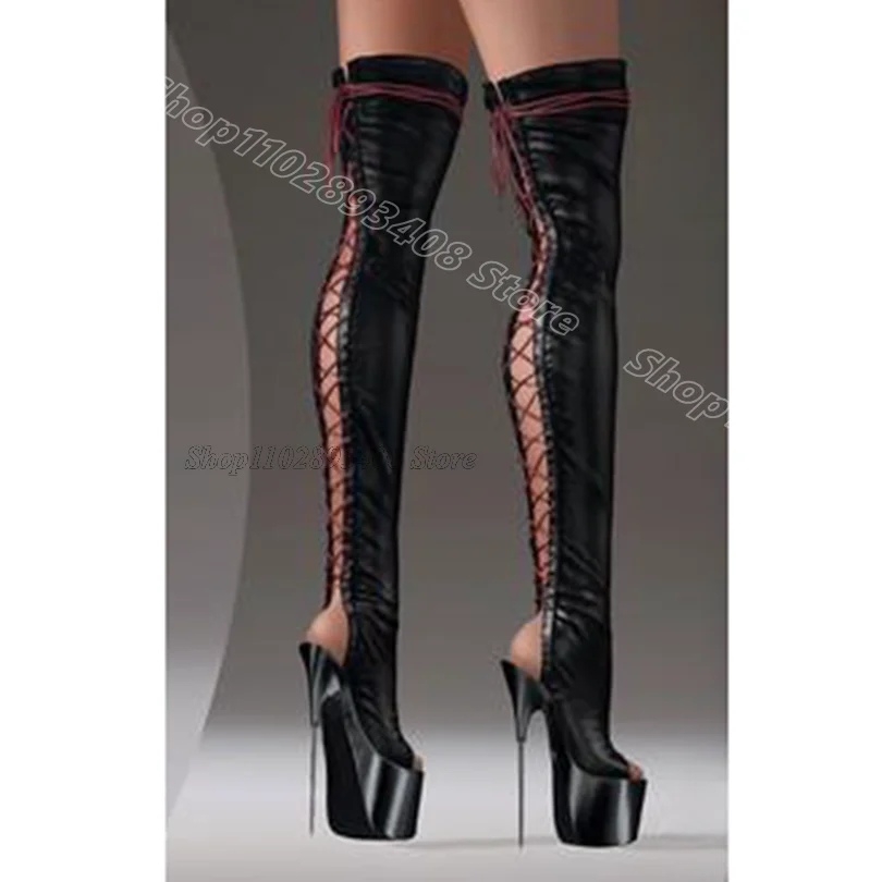 

Black Slingback Cross Band Boots Open Toe Platform Metal Heels British Style Fashion Over Knee Boots 2024 Zapatos Para Mujere