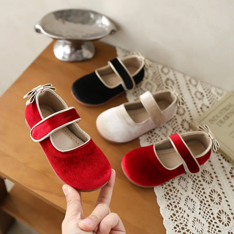 Little Girls Leather Shoes Retro Back Decor Kids Bow Flat Shoes Princess Non-slip Suede Children Ballet Shoes for Wedding Party