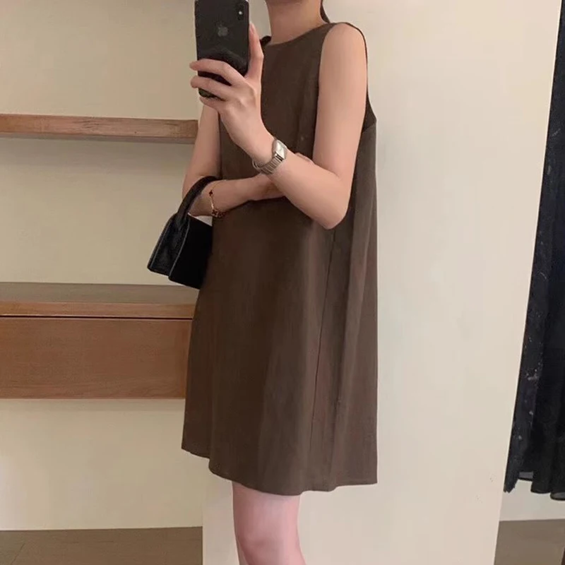 Korean Fashion Sexy Hollow Sleeveless Simple Casual Dresses for Women 2024 Summer Vacation Solid O Neck Loose Beach Mini Dress