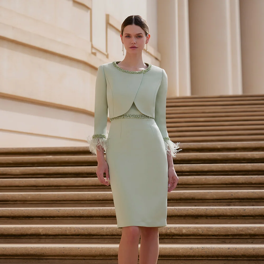 Vestidos Elegantes para madre De la novia, chaqueta De 2 piezas con cuello redondo, mangas 3/4, vestidos De fiesta De boda, perlas y plumas