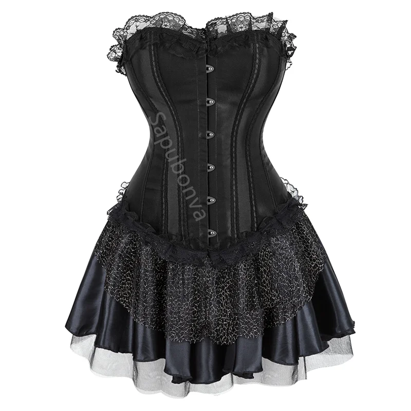 Sapubonva Corset Dress Overbust Bustier Skirt Set Lace Women Sexy Vintage Fashion Plus Size Gothic Victorian Costume Burlesque