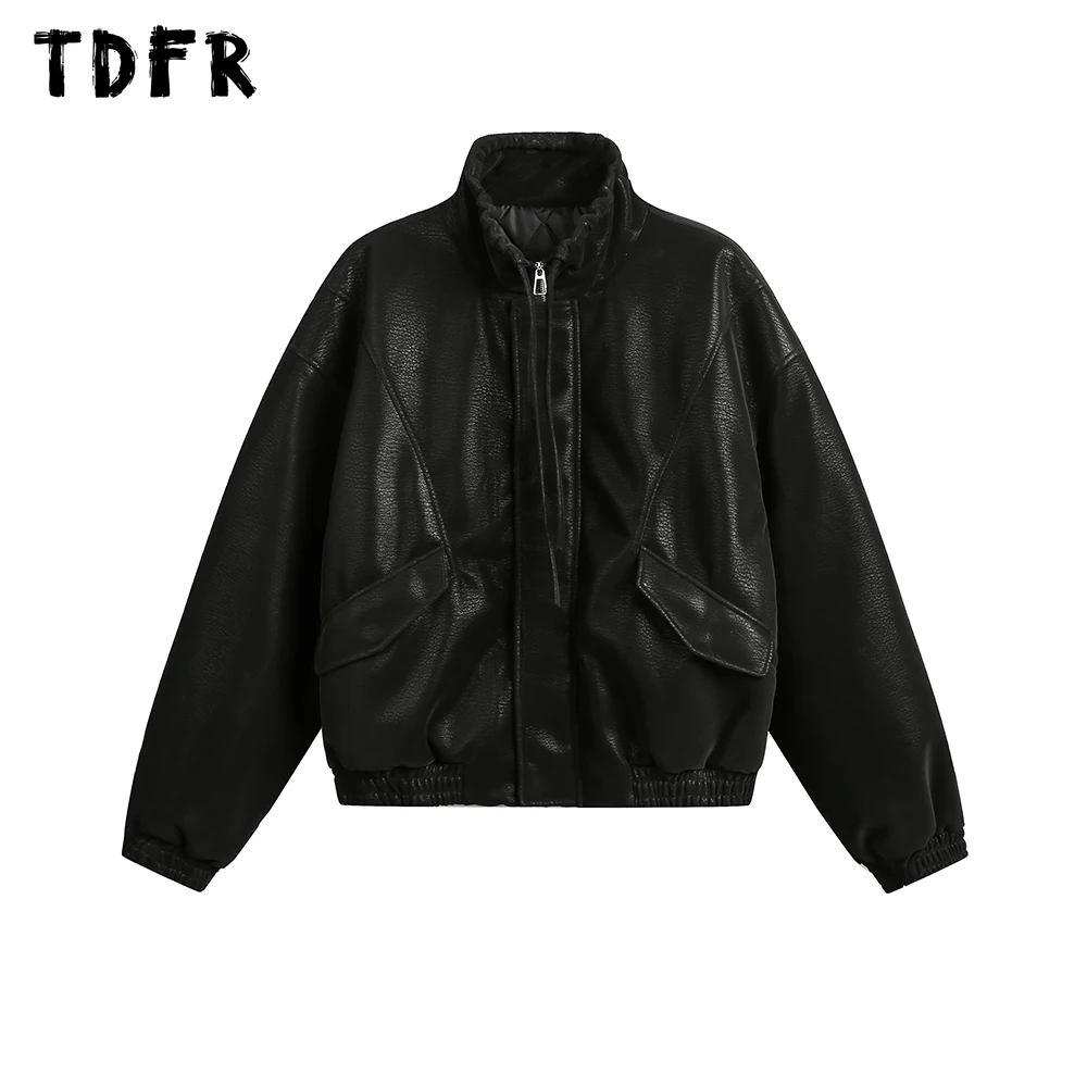 Drawstring Solid Color PU Leather Quilted Jacket Mens Streetwear Winter Thick Long Sleeve Motorcycle Jacket Men